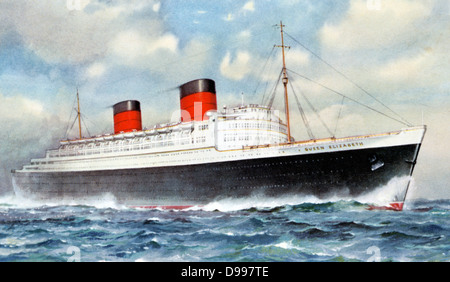 Ocean Liner RMS 'Queen Elizabeth', Cunard White Star Line. Von John Brown & Co., Clydebank, Schottland gebaut. Jungfernfahrt vom 3. März 1940 als Truppentransporter im Zweiten Weltkrieg. Farbe, Postkarte Stockfoto