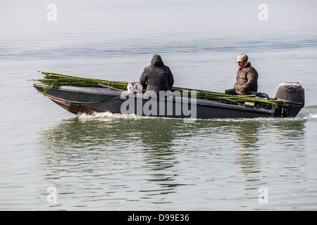 Zwei Männer, die Lagune von Venedig in kleines Motorboot unterwegs Stockfoto