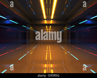 Abstrakt 3d Interieur mit bunten Neonröhren in glänzender Korridor Stockfoto