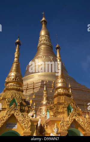 Goldene Stupas der Shwedagon Paya (buddhistische Tempel) in Rangun (Yangon) Birma (Myanmar). Stockfoto