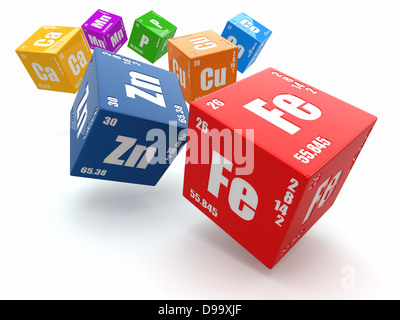 Konzept der Chemie. Periodische Tabelle der Elemente auf Würfel 3d Stockfoto