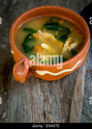 Komplette Mahlzeit Suppe von Huhn, Chorizo-Wurst und Gemüse mit braunem Reis, Linsen und Spinat, in blass blau Schüssel serviert Stockfoto