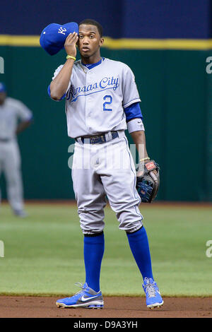 St. Petersburg, Florida, USA. 15. Juni 2013: Kansas City Royals Shortstop Alcides Escobar (2) während der Major League Baseball Spiel Action zwischen den Kansas City Royals und die Tampa Bay Rays im Tropicana Field in St. Petersburg, FL. Credit: Csm/Alamy Live-Nachrichten Stockfoto