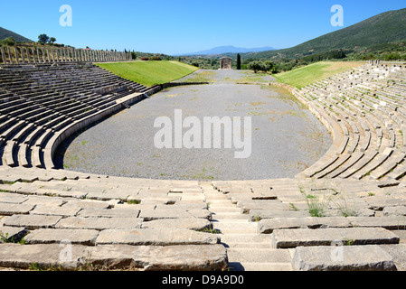 Das Stadion mit Mausoleum in antiken Messene (Messenien), Peloponnes, Griechenland Stockfoto