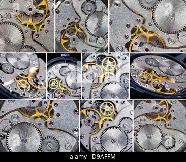 Zahnräder in zerlegte Uhrwerk hautnah Stockfoto