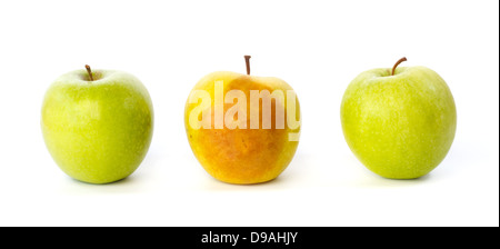 Geknickte Apfel zwischen zwei gesunde Äpfel vor weißem Hintergrund Stockfoto