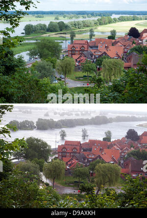 Ein zusammengesetztes Bild gemacht von zwei Bildern zeigt die alte Stadt Hitzacker am 4. Juni 2013 (siehe oben) und 15. Juni 2013 (siehe unten), Deutschland. Die Hochwassersituation an der Elbe im Norden Deutschlands kommt es zu einer Leichtigkeit mit sinkenden Wasserständen. Foto: Philipp Schulze Stockfoto