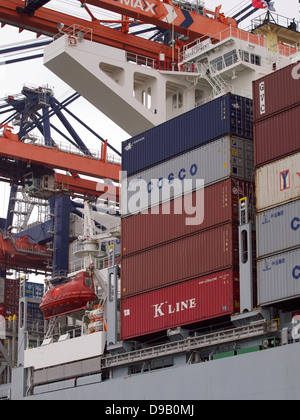 Stapel von Containern auf einem Träger-Schiff in den Hafen von Rotterdam, die Niederlande Stockfoto