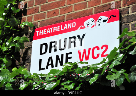 London, England, Vereinigtes Königreich. Drury Lane Straßenschild, Theatreland Stockfoto