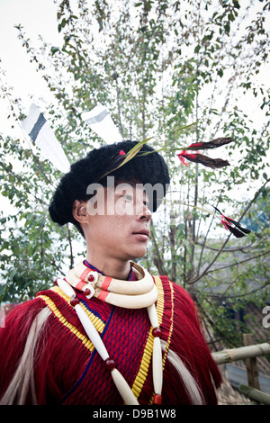 Naga tribal Mann in traditioneller Kleidung, Hornbill Festival, Kohima, Nagaland, Indien Stockfoto