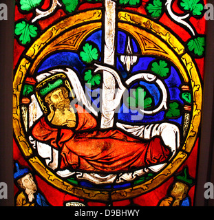 Wurzel Jesse Fenster: Der liegende Jesse, König David und Szenen aus dem Leben Jesu. Topf - Metall Glas, Lack und führen. Deutsch, Schwaben. Anzeige 1280-1300 gemalt. Das Buch Jesaja präsentiert Jesse, ein Vorfahre von Jesus, als Wurzel der einen grossen Baum ein Symbol seiner illustren nachkommen. Stockfoto