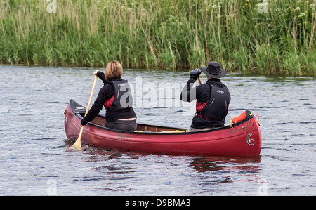 Exeter Canal, Paddeln in einem Kanu, Mann und Frau, Devon, England, UK. Stockfoto