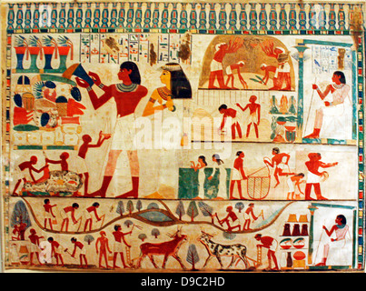 Ägyptische Wandmalereien aus Neues Reich, facsimies der alten ägyptischen Wanddekoration. Sie sind exakte Kopien der Original Szenen, exakte in Linie und Farbe und, von wenigen Ausnahmen abgesehen, im Maßstab 1:1. Stockfoto