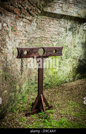 Detail des mittelalterlichen Holzschäfte benutzt, um Verbrecher im Schlosspark einzusperren. Stockfoto