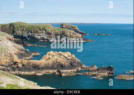 Blick entlang der Küste von Skomer in Richtung der Docht, South Pembrokeshire, Wales, Vereinigtes Königreich Stockfoto