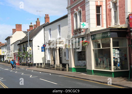 Apotheke, NatWest Bank und Inn zwischen, Stadtzentrum Usk, Monmouthshire, Gwent, Wales, Großbritannien, Deutschland, UK, Europa Stockfoto