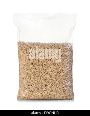 Plastiktüten von Holzpellets Stockfoto