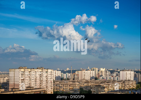 Sonnenuntergang mit Cumulonimbus Wolken am blauen Himmel im Stadtbild. Zwei Schwalben fliegen über Cloud. Kiew, Ukraine Stockfoto
