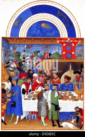 Die Très Riches Heures du Duc de Berry ist eine französische gotische Bilderhandschrift. Die Très Riches Heures ist ein Gebetbuch für John, Herzog von Berry, der Brüder Van Limburg zwischen 1412 und 1416. Das Buch wurde von Jean Colombe zwischen 1485 und 1489 abgeschlossen. Das Manuskript befindet sich im Musée Condé, Chantilly, Frankreich. Statt das Folio (Januar) zeigt den Herzog von Berry, sitzen am Hof. Die Tapisserie von der Rückseite des Zimmer scheint Episoden aus dem Trojanischen Krieg zu vertreten Stockfoto