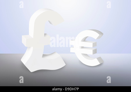 Euro und Pfund Zeichen auf blauem Hintergrund Stockfoto