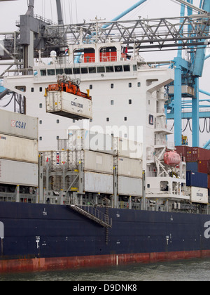 Container entladen wird von einem großen Schiff in den Hafen von Rotterdam, die Niederlande Stockfoto