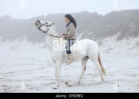 Frau Reitpferd am Strand Stockfoto