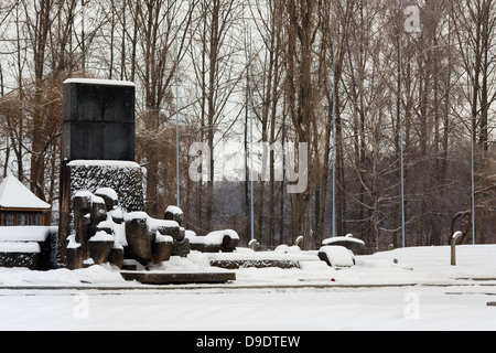 Denkmal im Schnee am Auschwitz Konzentration Lager, Polen, Europa Stockfoto