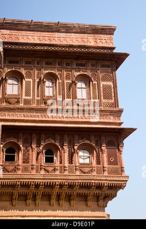 Architektonische Details einer Festung Meherangarh Fort, Jodhpur, Rajasthan, Indien Stockfoto