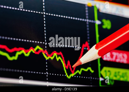 Abwärtstrend finanzielle Diagramm mit dem roten Bleistift. Selektiven Fokus Stockfoto