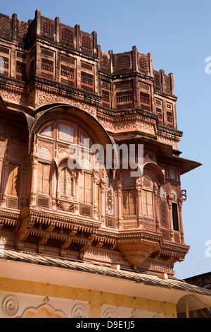 Architektonische Details einer Festung Meherangarh Fort, Jodhpur, Rajasthan, Indien Stockfoto