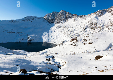 Blick in Richtung Y Lliwedd von Bergleuten Strecke über Llyn Sheetrim, Snowdonia-Nationalpark, Wales, UK, Europa. Stockfoto