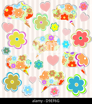 Abstrakte psychedelische Blumen mit Herzen und Blumen auf Liniertes Papierhintergrund Stockfoto