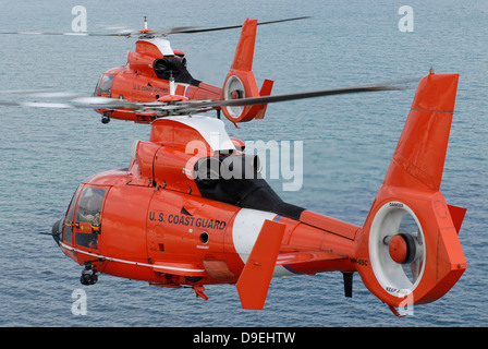 Zwei Küstenwache HH - 65C Dolphin Helikopter fliegen in Formation über den Atlantischen Ozean. Stockfoto