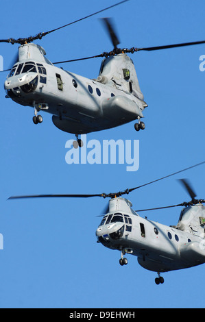 Zwei US-Marinekorps CH-46E Sea Knight Hubschrauber während des Fluges. Stockfoto