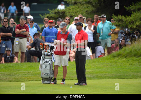 18. Juni 2013 - Merion, Pa, USA - Tiger Woods, der USA und Caddie auf dem 16. Fairway während der Endrunde der 113. US Open Meisterschaften im Merion Golf Club in Ardmore, Pennsylvania. Stockfoto