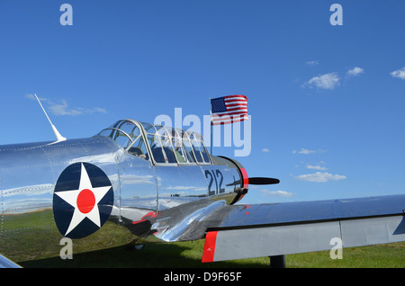 Ein BT-13 Valiant Schulflugzeug mit amerikanischen Flagge. Stockfoto