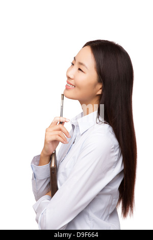 junge Frau Holding Gläser und denken Stockfoto