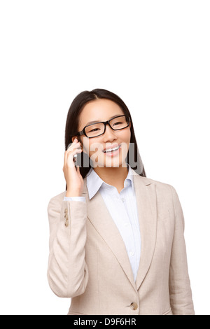 junge Frau Brille mit Handy Stockfoto