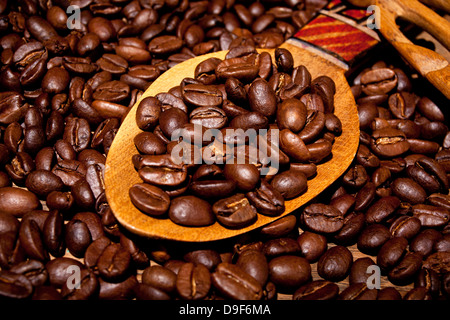 Frisch geröstete Kaffeebohnen auf einem hölzernen Löffel, frisch gerösteten Kaffeebohnen auf einem Holzlöffel Stockfoto