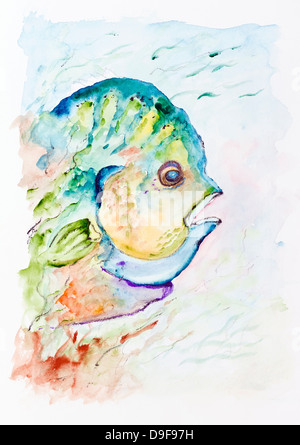 Korallenmeer Großfische - Papagei. Handgemachte Aquarellmalerei Abbildung auf einem weißen Papier Kunst Hintergrund Stockfoto