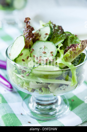 Gurkensalat in einer durchsichtigen Schüssel, Essen Nahaufnahme Stockfoto