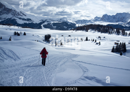Eine Frau zu Fuß auf einem verschneiten Trail im Alpe di Siusi Skigebiet in der Nähe der Stadt Otisei in den Dolomiten, Südtirol, Italien Stockfoto