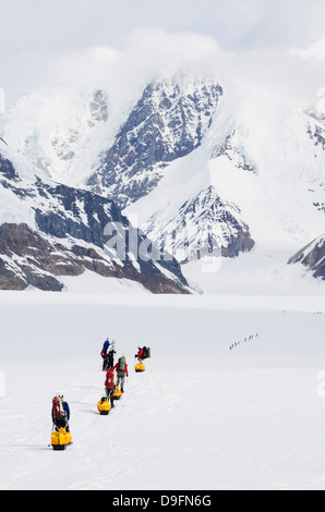 Klettern Expedition verlassen Basislager am Mount McKinley, 6194m, Denali National Park, Alaska, USA Stockfoto