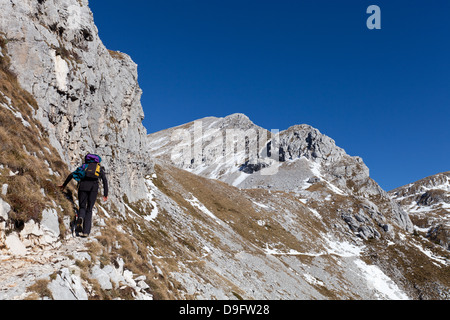 Wanderer auf dem Weg zur Hütte Semenza, Alpago, Belluno, Dolomiten, Alpen, Veneto, Italien Stockfoto