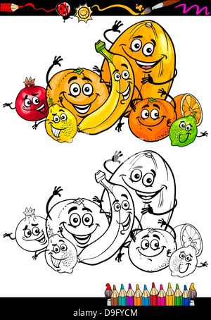 Färbung, Buch oder Seite Cartoon Illustration lustig Zitrus Früchte Comic Charaktere Lebensmittelgruppe für Kindererziehung Stockfoto