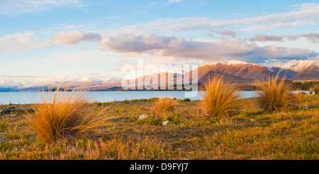 Lake Tekapo bei Sonnenuntergang, Southern Lakes, Region Canterbury, Südinsel, Neuseeland Stockfoto