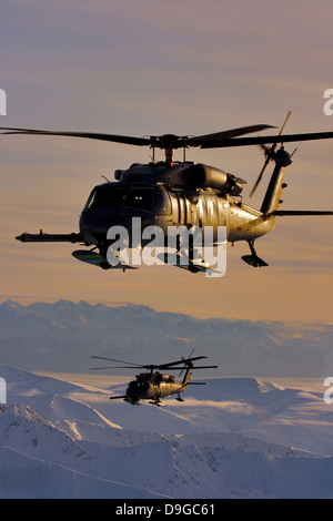 Zwei Alaska Air National Guard HH - 60G Pflastern Falken im Flug über Alaska Stockfoto