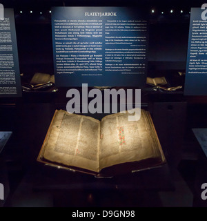 Seiten von mittelalterlichen Manuskripten datiert zurück bis ins 13. Jahrhundert.  Das Kulturhaus (Thjodmenningarhusid)-Reykjavik, Island. Stockfoto