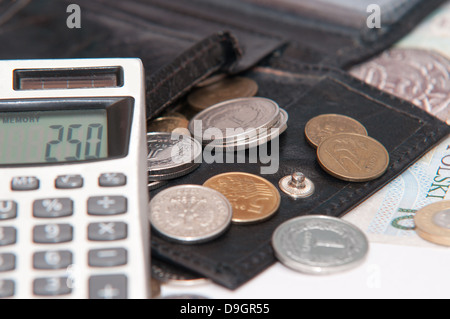 Polnische Geld - Zloty, Banknoten, Münzen, Taschenrechner und Brieftasche auf weißem Hintergrund Stockfoto