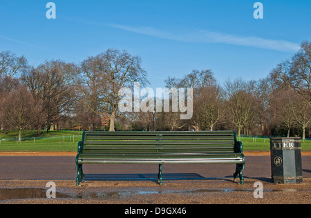 malerische Szenerie mit grünen Holzbank und Wurf im Hyde Park, London, England Stockfoto